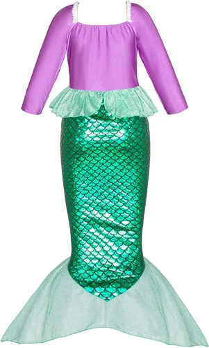 Vista 3 de Little Girls Mermaid Princess Costume for Girls Dress Up Party with Crown Mace Green Dress 3-10 Years