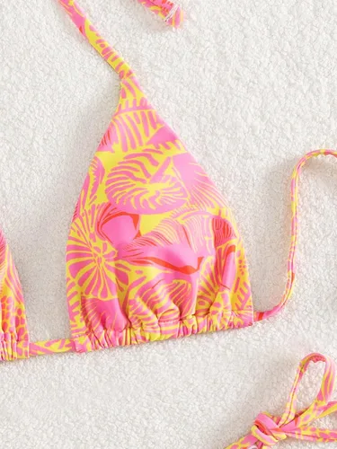 Vista 3 de WDIRARA Traje de baño de dos piezas con estampado halter y lazo lateral para mujer