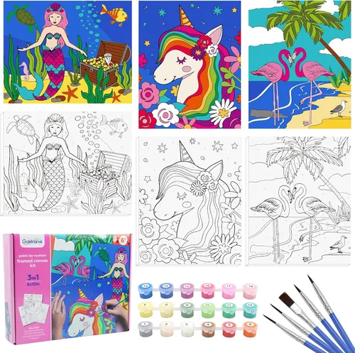 Vista 6 de goldentime Paquete de 3 Kits de Pintura por Números para Niños, Pintura en Lienzo Predibujado, Incluye Lienzo Enmarcado de 8 x 10 Pulgadas con 18