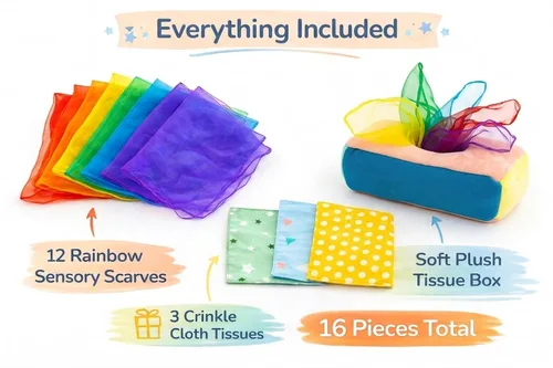 Vista 4 de Caja de pañuelos para bebé, juego Montessori para bebés y niños pequeños, caja texturizada sensorial con 12 bufandas coloridas a juego y 3 piezas
