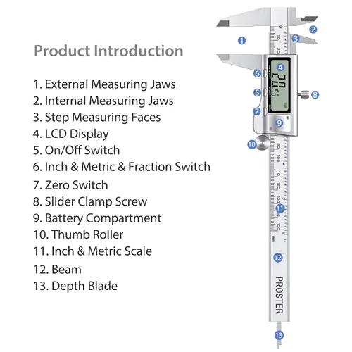 Vista 2 de Proster Calibrador Vernier digital de 6 pulgadas, 5.906 in, fracción de pinza electrónica, pinza métrica para longitud, ancho, profundidad, diámetro