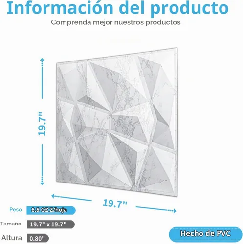 Vista 5 de Art3d Textures - Paneles de pared 3D con diseño de diamante de mármol blanco brillante para decoración de pared interior, paquete de 12 azulejos