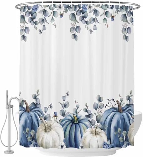 Vista 12 de Cortina de ducha de calabaza azul para baño, calabazas blancas, hojas verdes, cortinas de baño con ganchos, tela de poliéster impermeable, cortinas