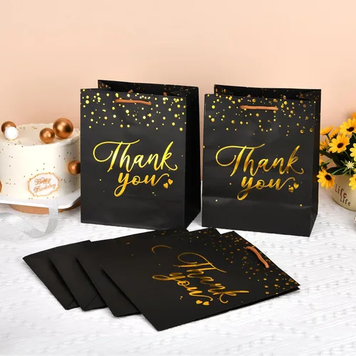 Vista 4 de COGLARING Thank You, 20 bolsas de regalo medianas de 10 x 8 x 4.8 pulgadas, bolsas de regalo de papel negro y dorado con asas para bodas, despedidas