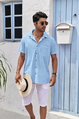 Vista 3 de Bbalizko Mens Short Sleeve Button Up Shirts Linen Cotton Beach Tops Spread Collar Plain Summer T Shirt with Pocket
