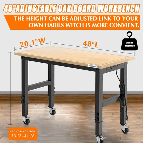 Vista 4 de Banco de trabajo ajustable de 48 pulgadas con ruedas, mesa de trabajo de madera de goma resistente con tomas de corriente, básculas de precisión