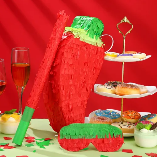 Vista 5 de Meooeck Piñata de chile rojo con palito de piñata y venda, piñata divertida para fiesta de festivales de pimiento picante, decoración de fiesta