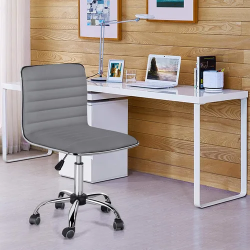 Vista 6 de Yaheetech Silla de oficina de trabajo de polipiel acanalada sin brazos, silla ejecutiva ajustable con respaldo bajo y ruedas, gris