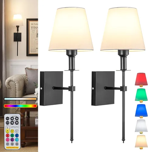 Vista 13 de Juego de 2 apliques de pared a pilas, para interiores, sin cableado, apliques de pared inalámbricos recargables con control remoto regulable