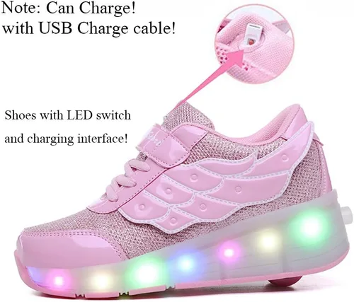 Vista 2 de Nsasy - Zapato deportivo para niña con ruedas para patinar y luces. Tenis deportivo con luces Led para niñas, regalo navideño para niños, rosado