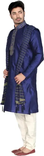 Vista 5 de MKP9007 - Pijama Kurta para hombre azul y marfil, traje indio de Bollywood Sherwani, Azul Patchwork