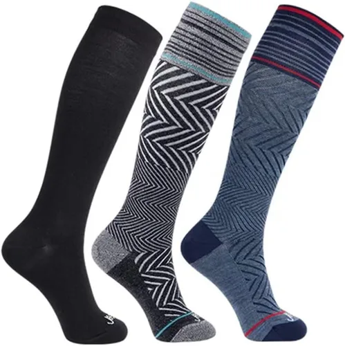 Vista 19 de ja vie Calcetines de compresión graduados de 76% lana merino para mujeres y hombres (15-20 mmHg), 2 Pares: 1 Negro Puro+1 Denim, S