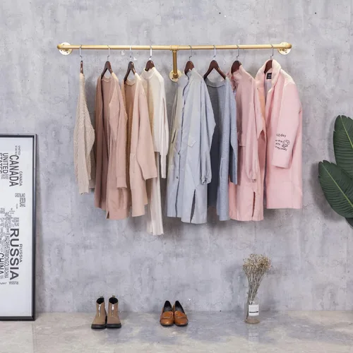 Vista 6 de Sistema de estantes colgantes de ropa para montar en la pared de tubería industrial, perchero de metal para ropa, estante de ropa perfecto