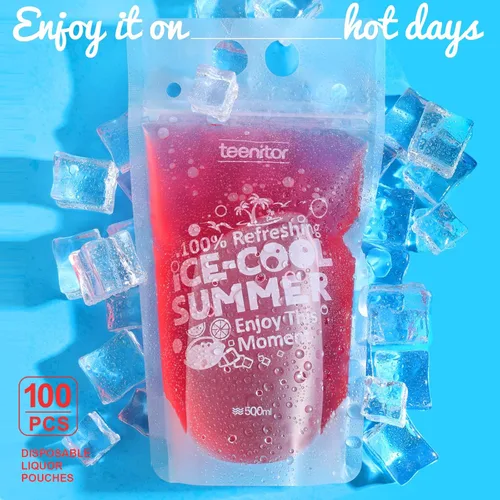 Vista 2 de Teenitor 100 bolsas de bebida con pajitas, bolsas de bebidas para jugos para adultos, bolsas de bebida reutilizables para licuados de jugos, bolsas