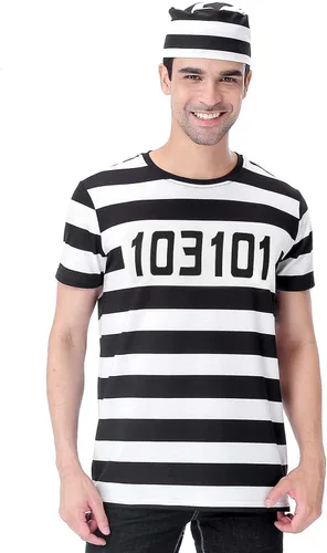 Vista 4 de Funny World Camisetas de rayas para disfraz de prisionero para hombre