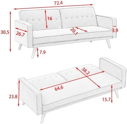 Vista 2 de anwickjeff Sofá cama tipo futón convertible, sofá cama plegable de lino moderno con respaldo dividido, respaldo ajustable, reposabrazos, marco