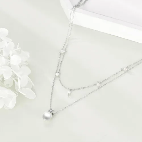 Vista 4 de POPLYKE Collar de perlas de agua dulce de plata de ley con capas para mujeres y niñas