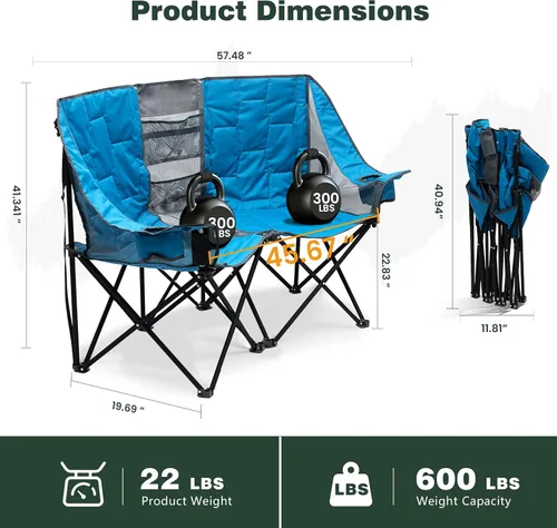 Vista 3 de SUNNYFEEL Silla Plegable Doble de Camping, Silla Loveseat Sobredimensionada, Silla de Césped Portátil/Plegable Resistente con Almacenamiento