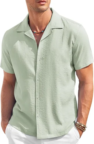 Vista 14 de COOFANDY Camisa casual con botones para hombre, manga corta, texturizada, para verano, para playa cubana