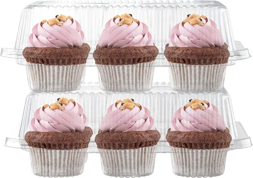 Vista 4 de Cajas de plástico para cupcakes 6 compartimentos – Paquete de 42 Soporte desechable de docena de magdalenas con tapa a granel Cajas apilables