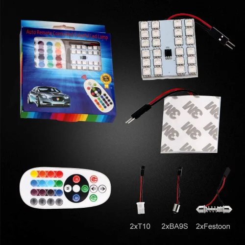 Vista 4 de YM E-Bright – 1 juego (2 unidades) de luces LED RGB 5050 24SMD para auto, panel de domo, control remoto, lámpara LED colorida DC 12V con adaptadores