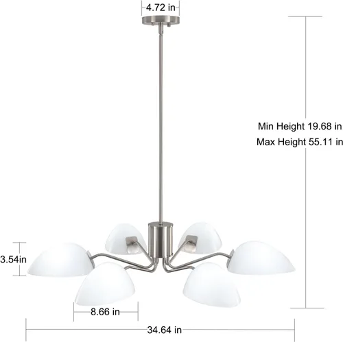 Vista 3 de Candelabros de níquel cepillado con pantallas de vidrio de leche de 34.64 pulgadas, lámpara de comedor de mediados de siglo, moderna lámpara