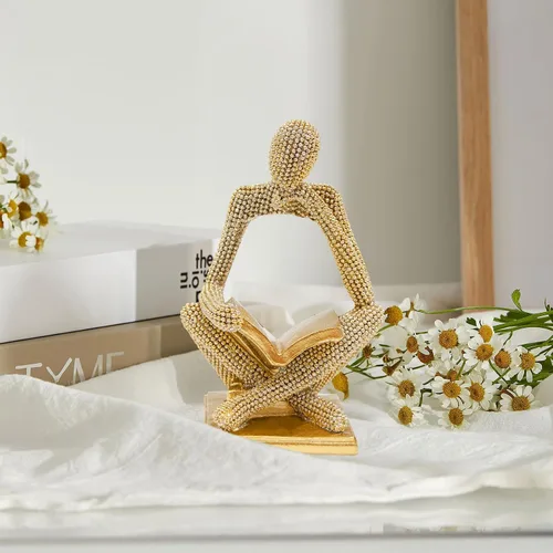 Vista 4 de Estatua de Mujer Leyendo Dorada Brillante, Esculturas de Pensador, Ornamento de Arte Abstracto, Figurilla de Decoración Estética Moderna para Hogar