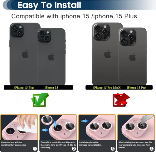 Vista 2 de Suoman Protector de lente de cámara para iPhone 15 de 6.1 pulgadas, 15 Plus de 6.7 pulgadas, fácil de instalar, vidrio templado 9H, protector
