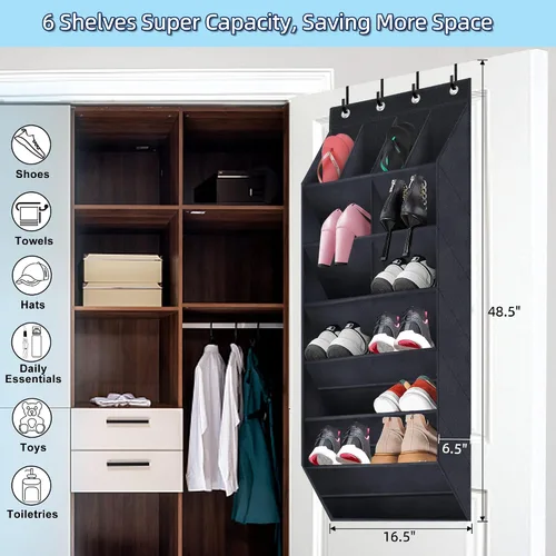 Vista 3 de Organizador de zapatos sobre la puerta, paquete de 2 organizadores colgantes con grandes bolsillos profundos, estante para armario y dormitorio