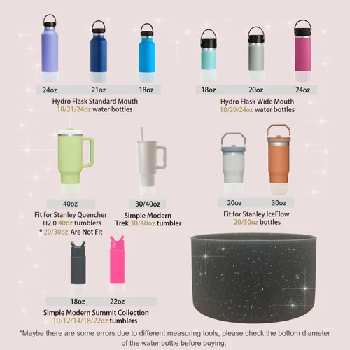 Vista 4 de WORBSS 2 Pack de fundas de silicona con purpurina, compatibles con Stanley Tumbler 20 30 40 oz y Hydro Flask 18-24 oz, accesorios para botellas