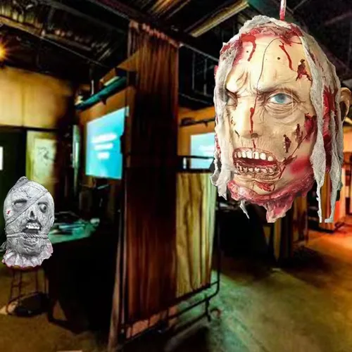 Vista 2 de RiceelSor Decoración colgante de cabeza dividida para Halloween, diseño de cadáver sangriento, de terror, de tamaño real, con peluca, disfraz