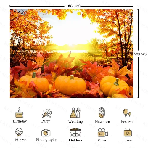 Vista 2 de 7x5ft Pumpkin Background Autumn Maple Forest Photography Backdrop for Harvest Party Banner Decor Portrait Photobooth Studio Props KUBYC564