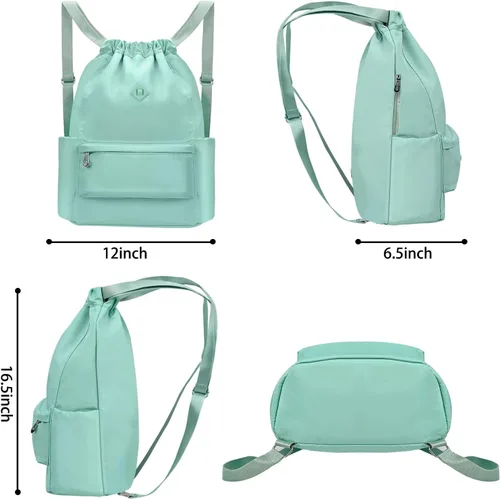 Vista 7 de Mochila con cordón y bolsillo húmedo, mochila de gimnasio resistente al agua, bolsa de cuerda para playa, natación, para mujeres y hombres