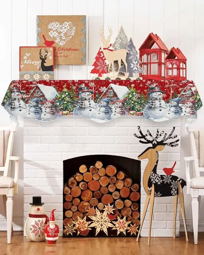 Vista 12 de Daleng Bufanda de repisa de camión de Navidad con muñeco de nieve para chimenea, 60 x 17 pulgadas, árbol de Navidad, copos de nieve, ciervos, verde