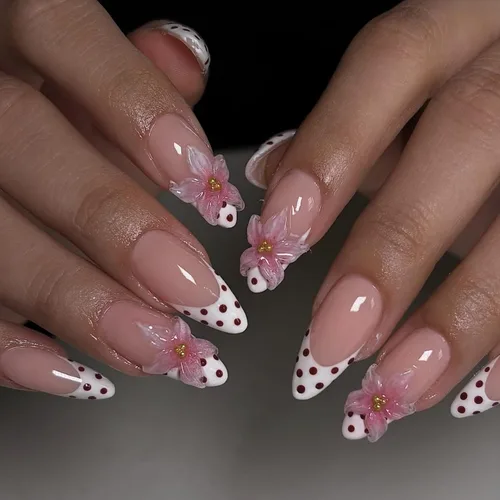 Vista 43 de Uñas postizas largas a presión, color negro, diseño francés y floral, 24
