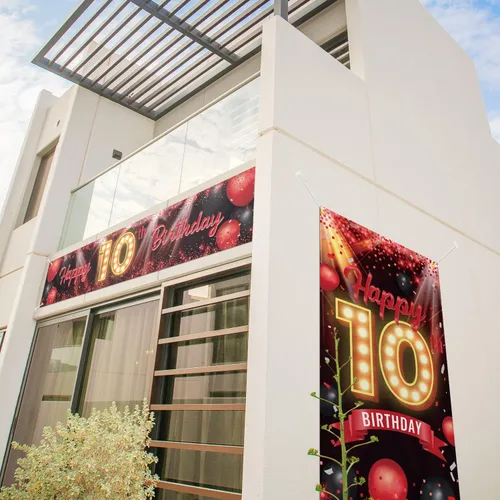 Vista 5 de Juego de carteles de feliz cumpleaños 10 para puerta, porche, decoraciones de cumpleaños de 10 años, suministros de fiesta para mujeres y hombres
