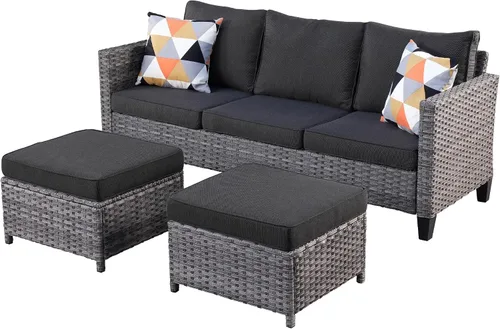 Vista 12 de ovios Juego de muebles de patio de 3 piezas para exteriores con otomanas, sofá de ratán de mimbre con reposapiés, cómodos cojines, sofás para todo