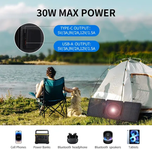 Vista 2 de Panel Solar Portátil de 30W, Cargador de Paneles Solares Plegables para Camping, Senderismo, Actividades al Aire Libre, Kit de Panel Solar