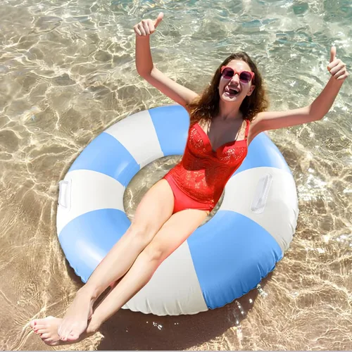 Vista 7 de Flotadores clásicos de piscina a rayas con asa, tubos inflables de rayas azules y blancas para anillos de natación grandes flotantes para adultos
