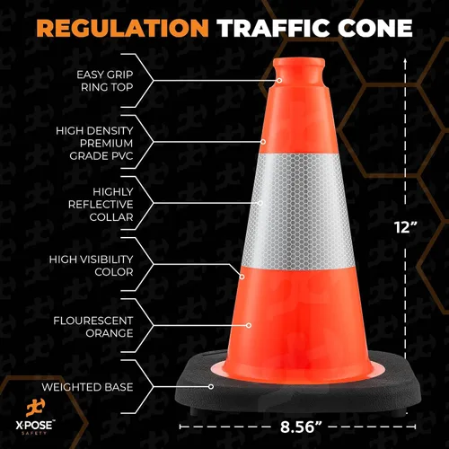 Vista 3 de Xpose Safety Conos de tráfico naranjas de 12 pulgadas con collar de 4 pulgadas, 1 paquete de conos de seguridad de plástico PVC multiusos