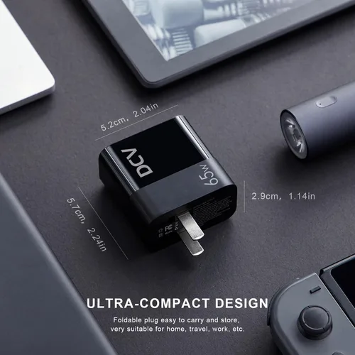 Vista 7 de DCV Cargador USB C de 65 W con cable C a C de 6.6 pies, bloque de carga rápida de 3 puertos con pantalla digital LED, cargador de pared plegable