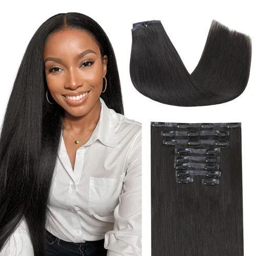 Vista 29 de Lashey Extensiones de cabello humano con clip, sin costuras, #1, color negro azabache, extensiones de cabello humano real, extensiones de cabello