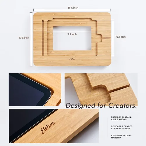 Vista 2 de Soporte ajustable para tablet con ranura para lápiz y cable de cargador, soporte de madera de bambú con múltiples ángulos, organizador de escritorio