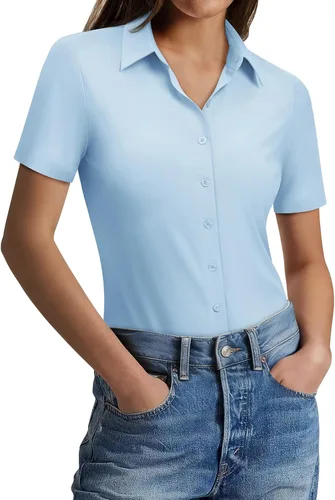 Vista 10 de Gleeivy Camisas con botones para mujer, ajustadas, de manga corta, elásticas, para el trabajo, sin arrugas, blusas de oficina