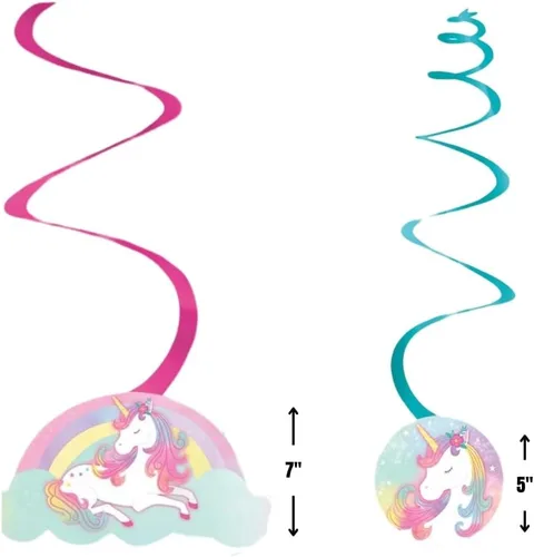 Vista 2 de Decoraciones colgantes de remolinos – 5 y 7 pulgadas (paquete de 12) – Perfecto para fiestas temáticas y eventos, unicornio encantado
