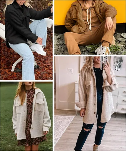 Vista 5 de Chaqueta de forro polar Sherpa para mujer, abrigo casual mullido con botones y bolsillo