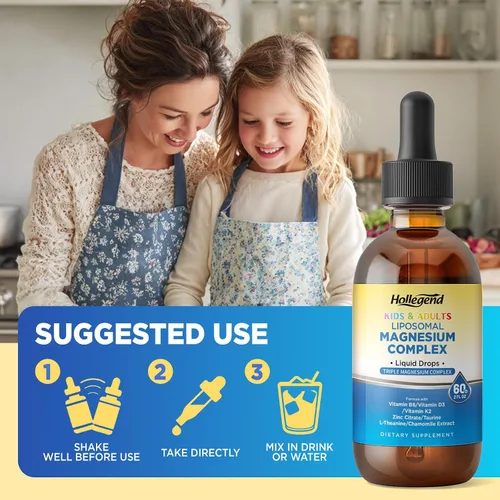 Vista 6 de Liposomal Kids - Gotas de glicinato de magnesio para niños, complejo de magnesio triple líquido de 400 mg para adultos, con D3 y K2, B6, zinc
