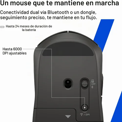 Vista 6 de HP Ratón inalámbrico silencioso 400, Bluetooth dual y 2.4 GHz, silicona suave, clics silenciosos, rueda Microsoft, batería de 24 meses, 6000 DPI