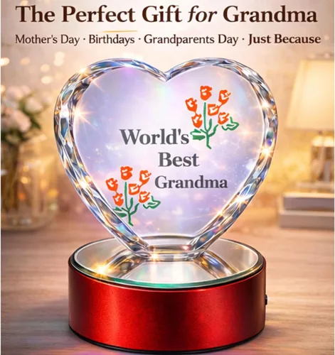 Vista 4 de Corazón para la abuela con luz LED con la leyenda "World 's Best Grandma" Corazón de vidrio grabado corazón en base de luz LED.