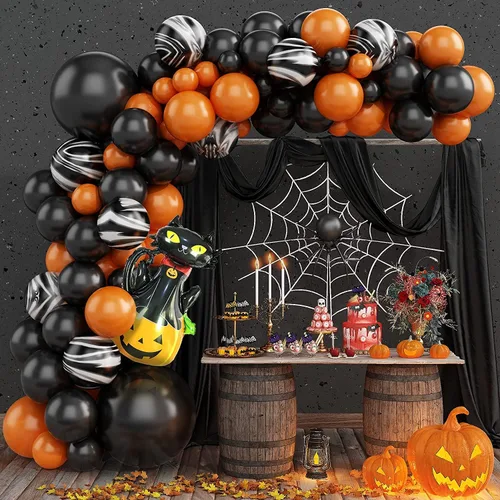 Vista 7 de Kit de arco de globos de Halloween de 155 piezas, kit de guirnalda de globos de color negro, naranja, morado y verde, con arañas de telaraña